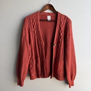 Joie Cable Knit Rust Terracotta Cardigan Knit Sweater Tortoise Shell Buttons E